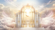 Serene Representation Of Celestial Heaven With Divine Golden Gates Amid Peaceful Clouds