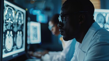 A man is seated in front of a computer monitor, analyzing data or information displayed on the screen.