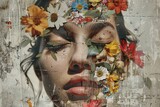 Fototapeta Kwiaty - An art composition, a woman's face with flowers. Abstract collage of modern art, portrait of a young woman with flowers on her face hiding her eyes.