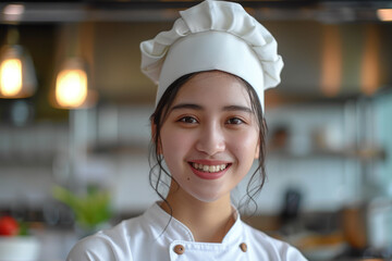 Wall Mural - Malay woman wearing chef uniform in luxury hotel restaurant kitchen