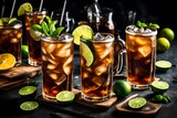 Fototapeta Uliczki - long island iced tea cocktail with strong drinks, cola, lime and ice in glass, cold long drink or lemonade