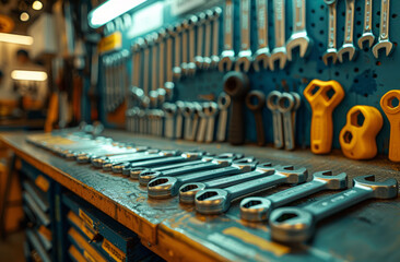 Wrenches and other tools on table in workshop