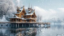Winter Wonderland: Fantasy House Overlooking Frozen Lake Seamless Looping 4k Time-lapse Virtual Video Animation Background. Generated AI