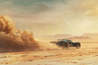 A car racing across a desert its rocket propulsion system igniting blurring the line between driving and flying