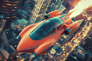 A car with rocket engines blazing soaring above a cityscape a vision of future transportation