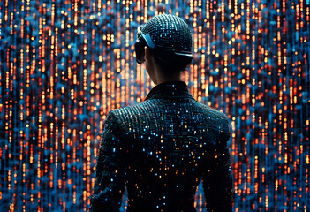 Wall Mural - Man in digital pattern suit against a backdrop of glowing data streams, concept of modern technology and digital world.