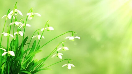 Wall Mural - blooming snowdrop flowers isolated on blurred green spring background in sunshine, slow motion bokeh light and sunbeam animation with copy space, stationary view