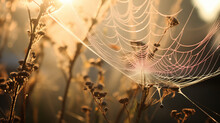 spider web between faded flower stems backlit early morning light