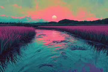 Wall Mural - Colorful Summer Sunset: A Serene Nature Landscape with a Bright Sun Reflecting on a Calm Lake