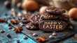 Na zdjęciu widać czekoladowe ciasteczka, na których jest napisane Wesołych Świąt Wielkanocnych.