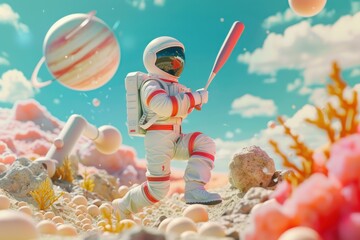 3d illustration of astronaut play baseball on the planet 