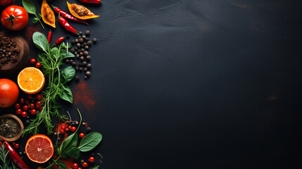  Dark background with vegetables and tomatoes There is space for placing food products. The idea of combining products with a beautiful background.