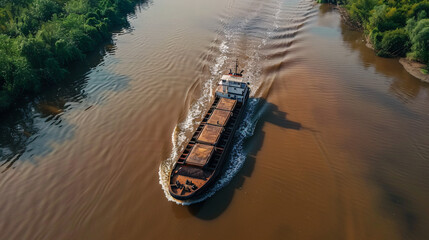 Canvas Print - cargo boat on river dron view