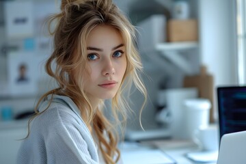 Young woman working with a laptop computer in a business office