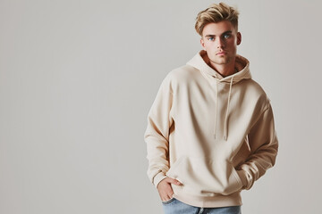 Wall Mural - Male young model in beige blank hoodie on gray background. Clothes mockup. AI Generative. Space for design, print and showcasing.