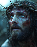 Fototapeta Natura - Jesus Christ crucyfied wearing crown of thorns Passion and Resurection. Good Friday. Generative AI