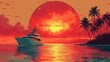 Obraz łodzi na oceanie o zachodzie słońca