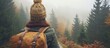 A female hiker wearing a knit hat and carrying a backpack traverses a forest path on a foggy autumn morning.