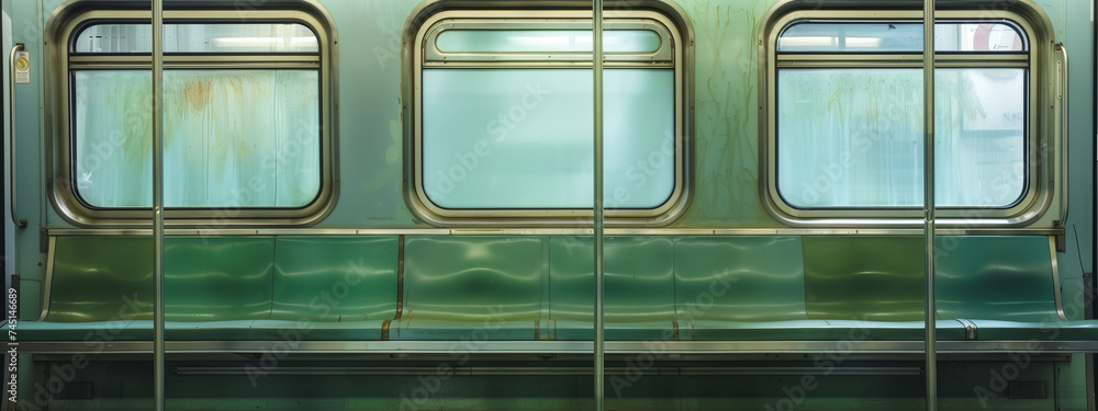 Translucent Window Train subway train interior with sage green seats and baby blue glass window ...
