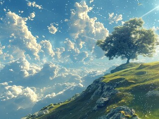 Wall Mural - immersed in the serene beauty of nature's canopy, where the sky meets the lush green landscape. a su