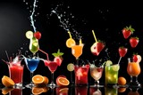 Fototapeta Uliczki - fruit falling into a collection of splashing cocktails isolated on black background
