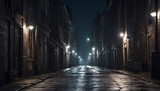 Fototapeta Uliczki - A dark narrow street in a moonlit anonymous city. AI generated illustration.