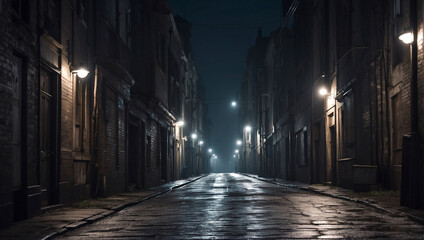 A dark narrow street in a moonlit anonymous city. AI generated illustration.