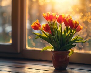 Wall Mural - spring tulip flowers. adorn windowsill with a vibrant burst of nature's finest creations. in this de