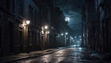 Fototapeta Fototapeta uliczki - A dark narrow street in a moonlit anonymous city. AI generated illustration.