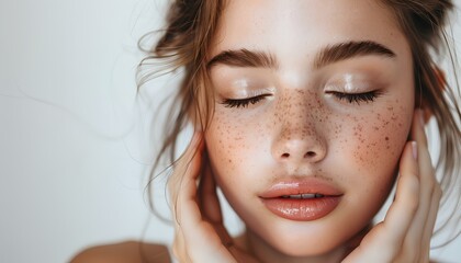 Wall Mural - A closeup photo of a  younf woman's face with freckles ,closed eyes, long eyelashes. The woman touches her face with her fingers, white background, Copyspace for text