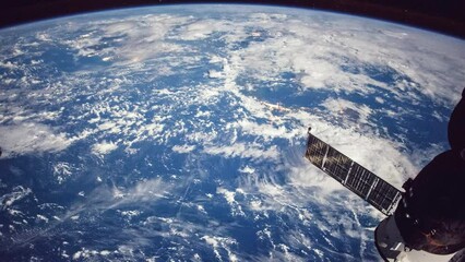 Wall Mural - blue planet earth seen from space. space station orbiting around earth. visible sky and atmosphere. 