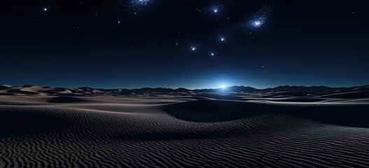 In the vast expanse of the desert, sand dunes rise and fall beneath the twinkling stars, painting a picture of serenity against the backdrop of the clear night sky.
