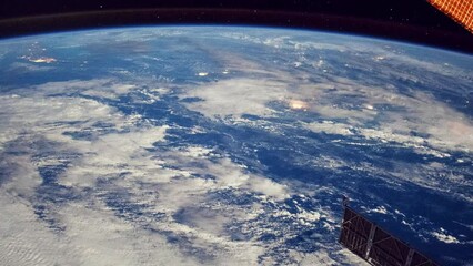 Wall Mural - blue planet earth seen from space. space station orbiting around earth. visible sky and atmosphere. 