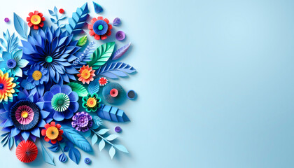Wall Mural - Colorful 3D paper art flowers and foliage on a serene blue background. Creativity and artistry concept. Generative AI
