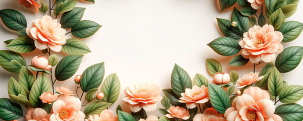 Wall Mural - Peach camellia flowers with lush green leaves forming a border on a white background. Botanical frame concept. Generative AI