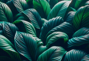 Wall Mural - abstract graphic representation of teal plant leaves, dark artistic backdrop. botanical concept. gen