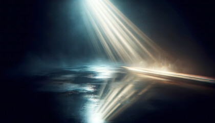 Poster - radiant beams of light piercing through darkness on a wet surface, a metaphor for hope. generative a