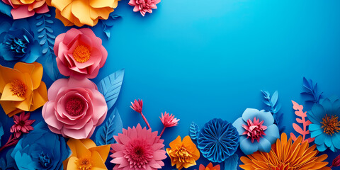 Wall Mural - artistic paper flowers arrangement on a gradient blue background. creativity and art concept. genera