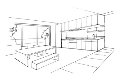 Wall Mural - Interior design sketch of the dining area and pantry. , Graphic assembly in architecture and interior design work. ,Sketch ideas for interior or exterior designs.