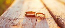 Two Shiny Wedding Rings Are Placed Neatly On Top Of A Rustic Wooden Bench, Symbolizing The Love And Commitment Of A Couple.