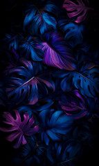 Wall Mural - luminous tropical leaves with shades of blue and pink on a black backdrop. generative ai