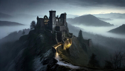 misty morning in the castle of mountains