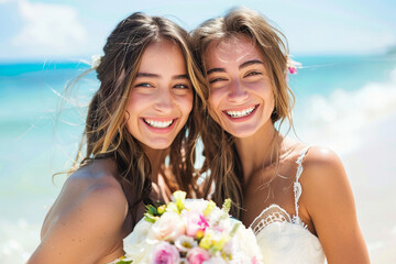 fotografia con detalle de dos atractivas mujeres sonrientes, con ropa de ceremonia y paisaje natural de fondo