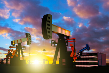 Wall Mural - Oil pumps work at sunset. Petroleum deposit. Oil pumps near container with barrels. Fuel industry. Crude oil fields. Hydrocarbon production industry. Petroleum towers near setting sun. 3d image