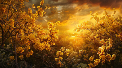 Wall Mural - Forsythia bush exploding in vibrant yellow blooms. 