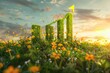 3D Rendered Grass Bar Chart With Arrow Increasing on Grassy Field at Sunset