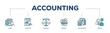 Accounting icons process structure web banner illustration of audit, analysis, balance, budget, calculation, and advice icon live stroke and easy to edit 