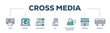 Cross media icons process structure web banner illustration of print, internet, social media, app, multichannel marketing, webshop and database icon live stroke and easy to edit 