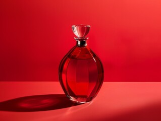 A clear glass perfume bottle filled with red liquid against a vibrant red backdrop.