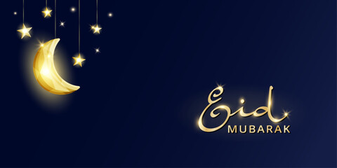 Eid Mubarak banner with islamic decoration. Hanging shiny crescent and stars lights string. Muslim holidays garland. Ramadan and Al Adha vector background. Eid calligraphy in arabic style.